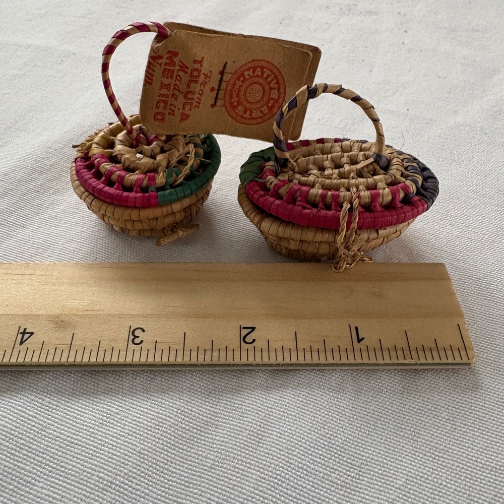 Vintage Native Arts Toluca Mexico Miniature Woven Baskets Set of 2 Coiled Straw - Picture 7 of 7